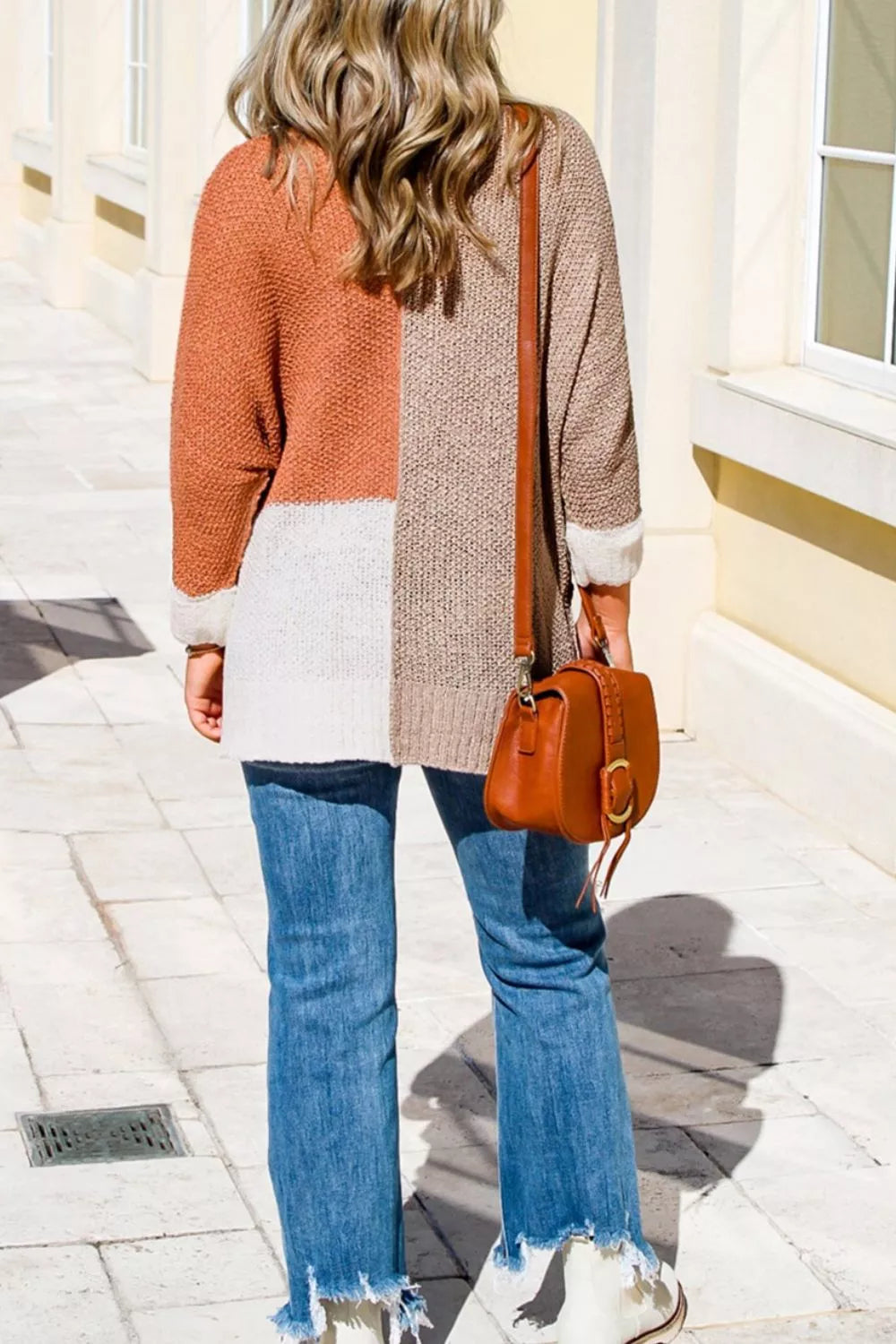 Color block ribbed knit v-neck loose sweater