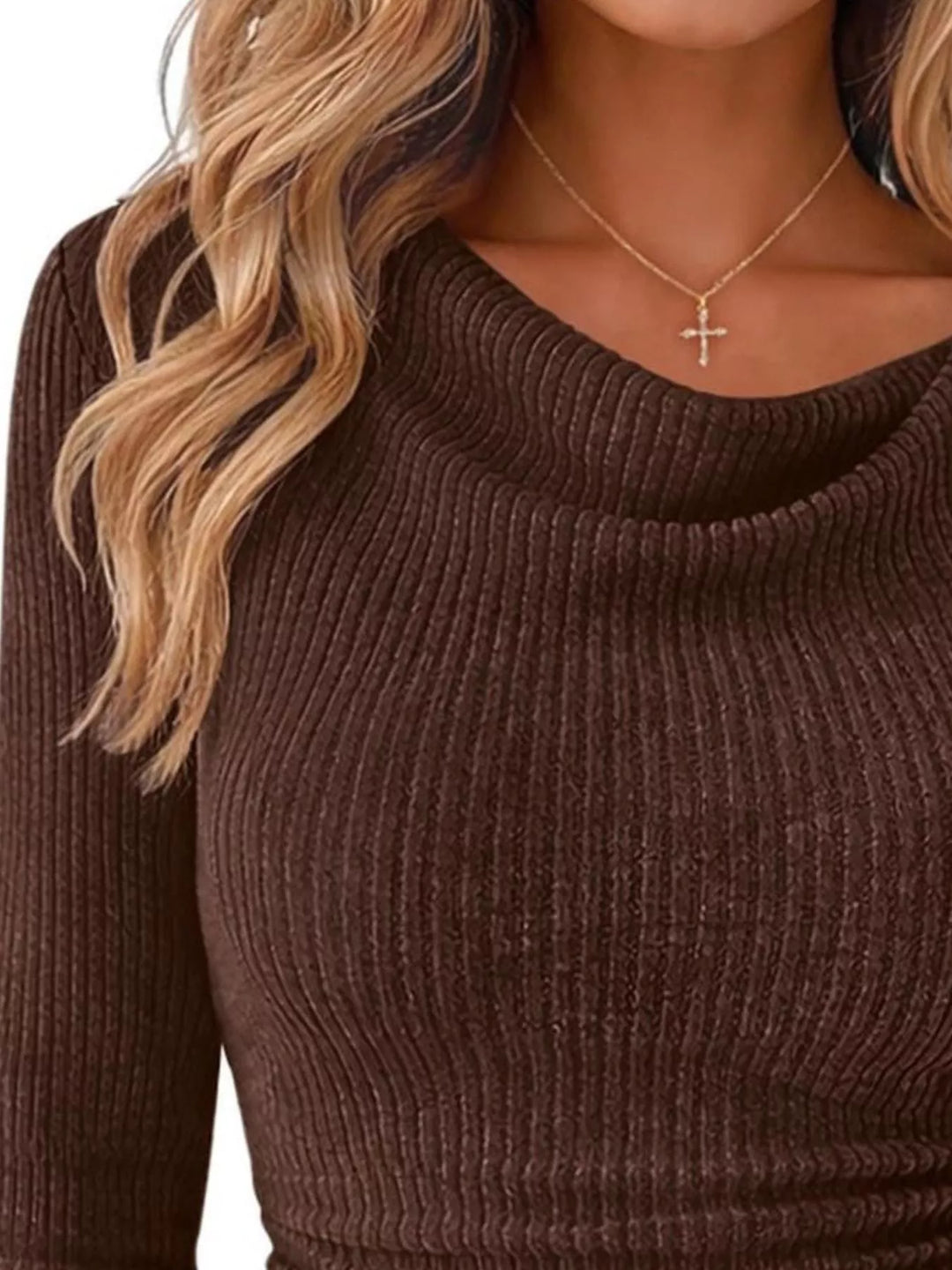 Ribbed knit cowl neck top with flared bell sleeves