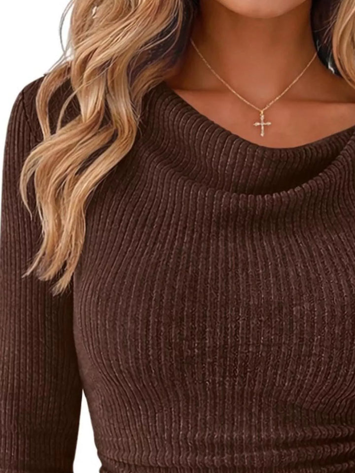 Ribbed knit cowl neck top with flared bell sleeves