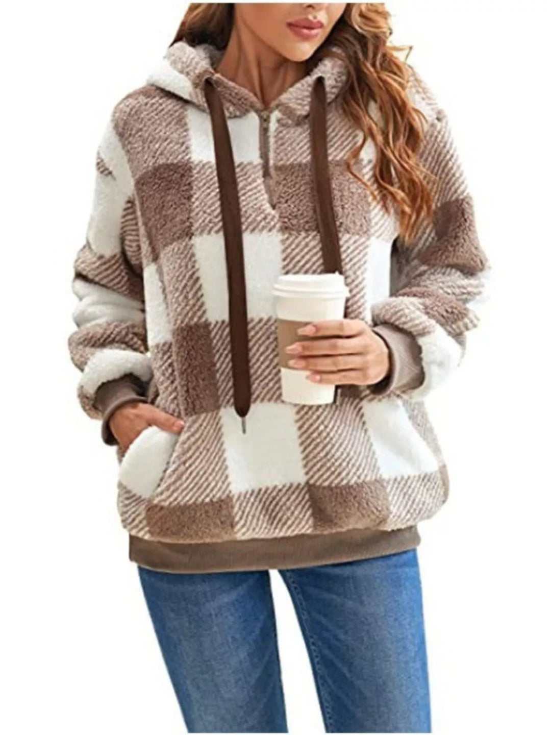 Brown Plaid sherpa quarter-zip hoodie with front pocket