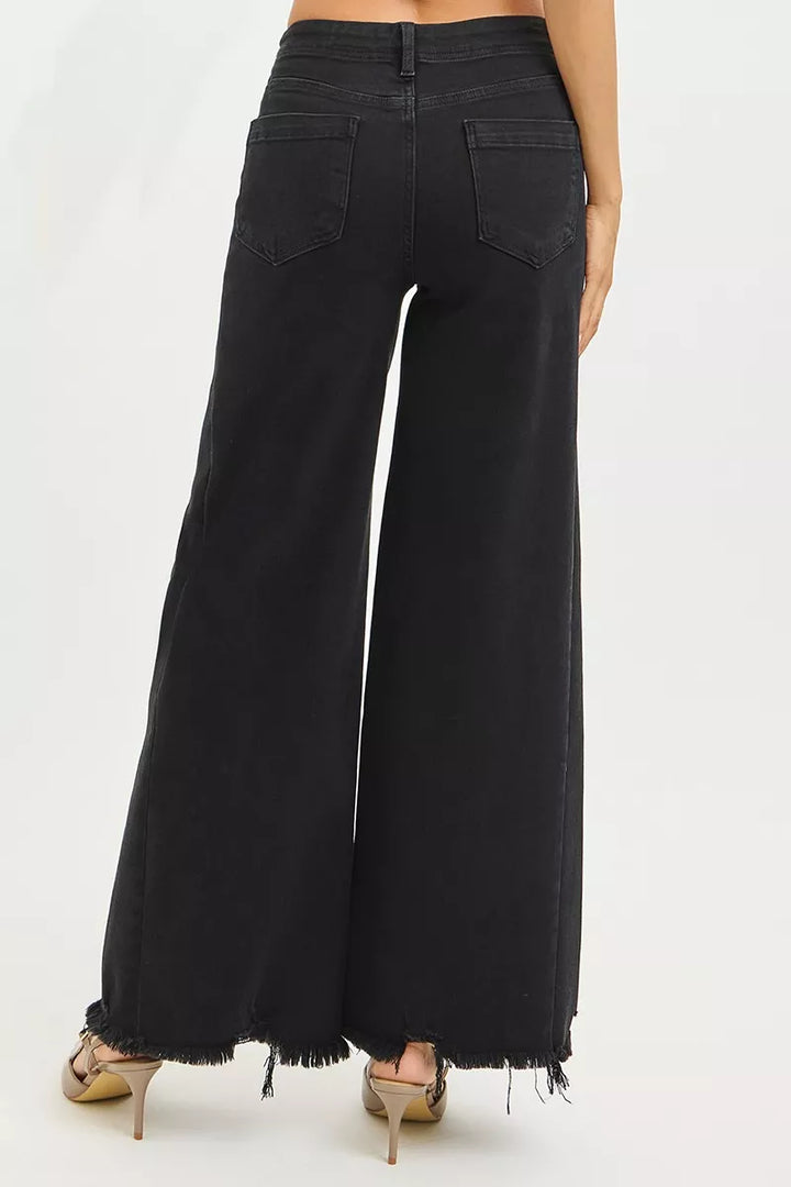 Tummy control high-rise palazzo wide-leg jeans with raw hem