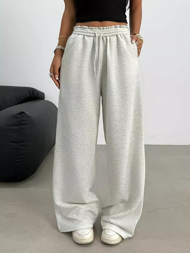 Gray Wide-leg drawstring sweatpants with ruffled elastic waist