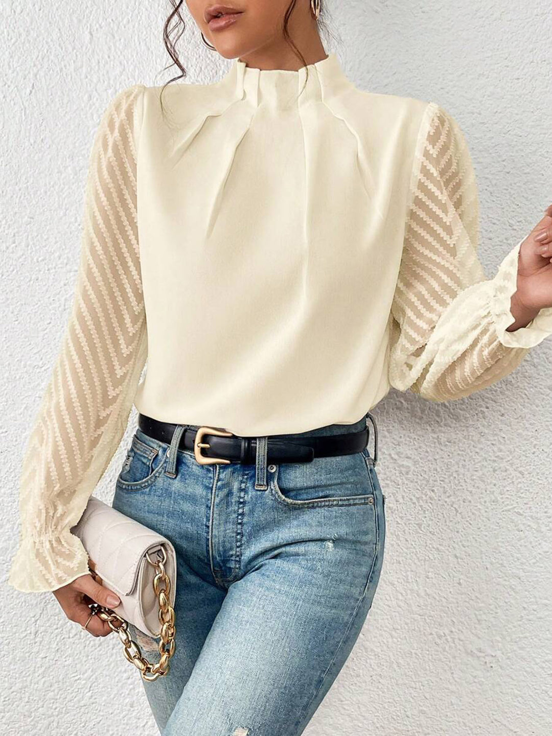 Mock neck blouse with sheer textured flounce sleeves