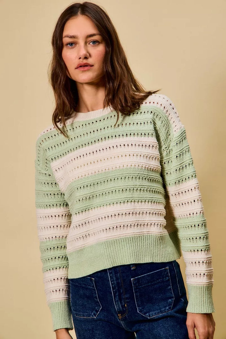 Openwork wide-stripe crew neck knit sweater