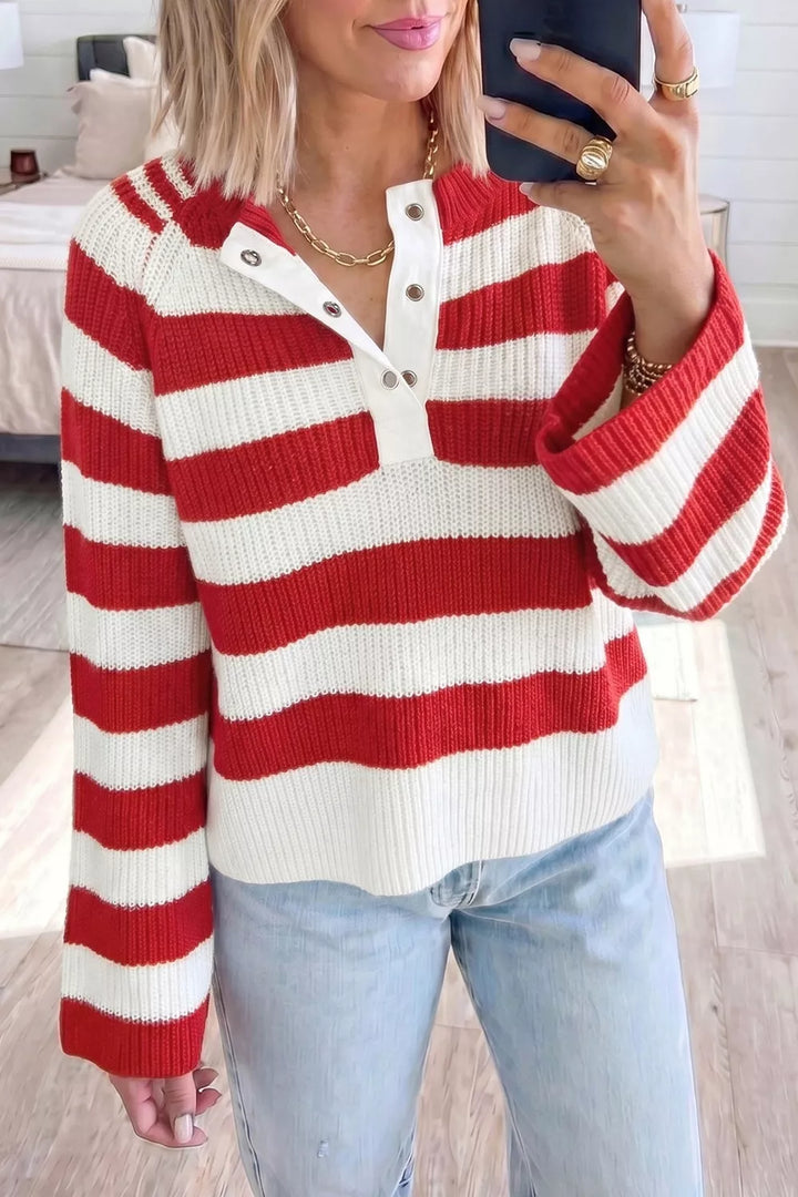 Striped rib knit henley sweater with snap button placket