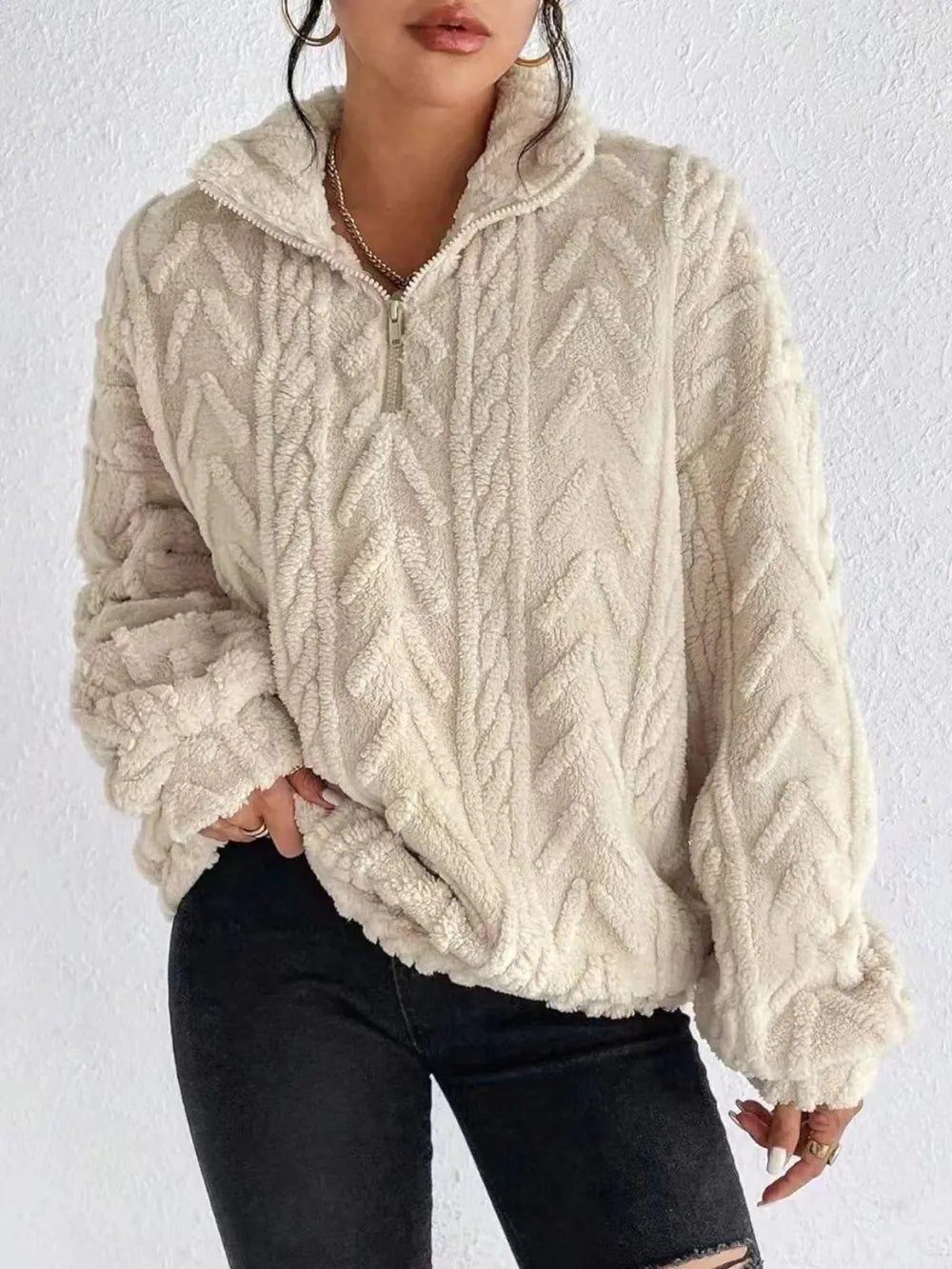 Tan Textured fleece quarter-zip pullover sweatshirt