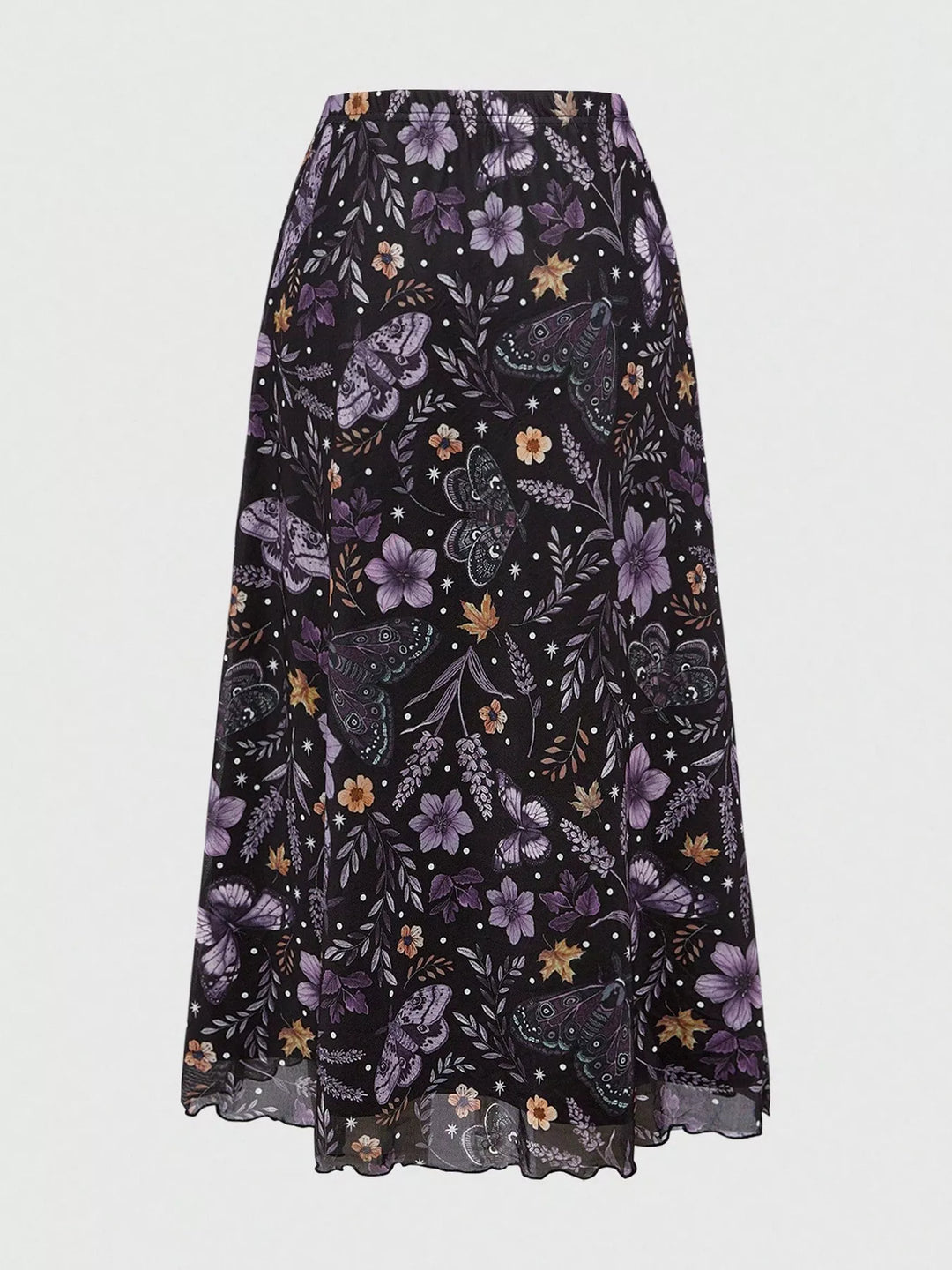 Black Botanical floral butterfly print midi skirt