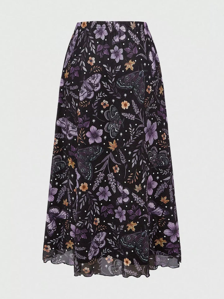 Black Botanical floral butterfly print midi skirt