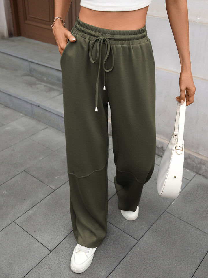 Army Green Drawstring high-rise wide leg pants with side pockets