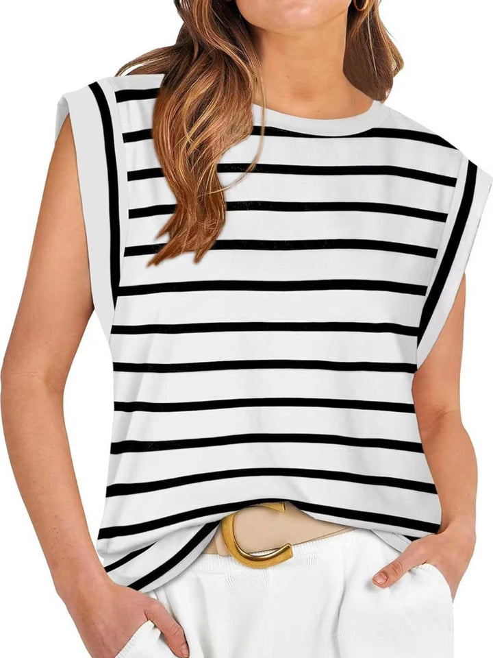 White Striped cap-sleeve crew neck muscle tank top