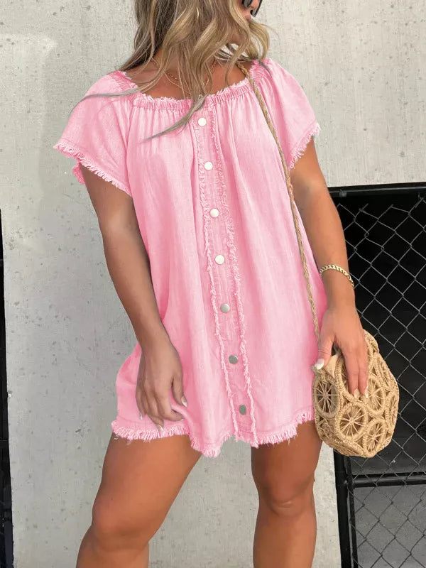 Pink Frayed off-shoulder button-down denim mini dress