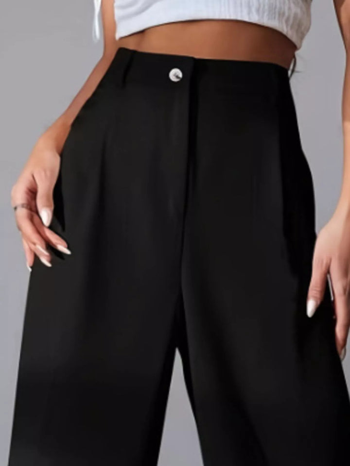 High-rise wide-leg pleated pants with button waist