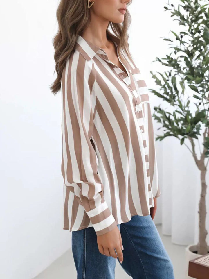 Striped long-sleeve button-down shirt with chest pocket