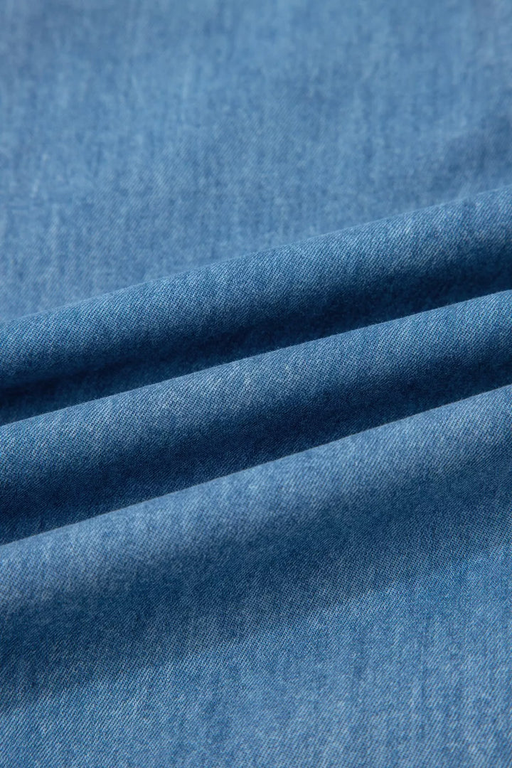 Wide-leg chambray pants with drawstring waist and ruffle hem