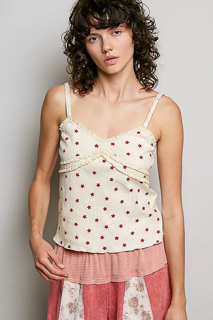 NATURAL MULTI Allover star print ribbed cami with ruffle trim