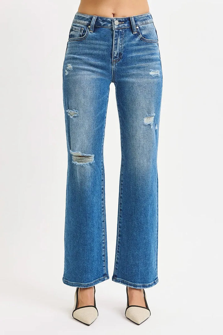 Distressed high-rise straight-leg ankle jeans