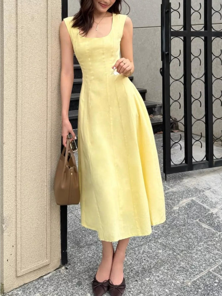 Yellow Sleeveless princess-seam A-line midi dress with scoop neck