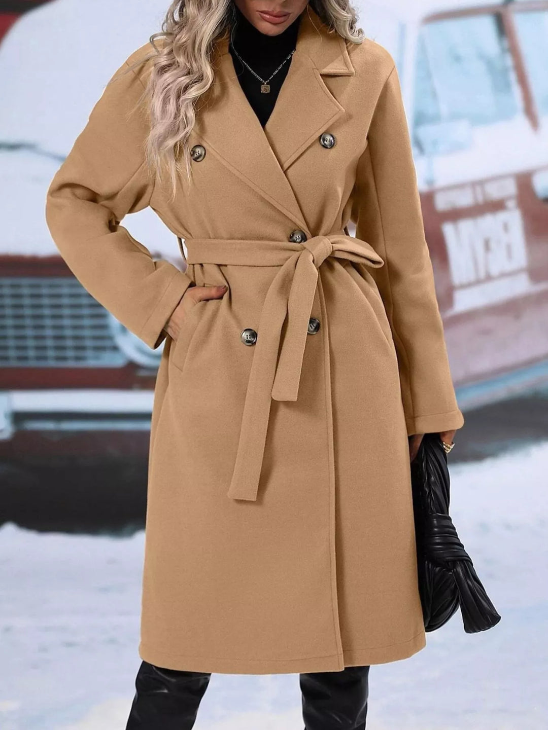 Double-breasted tie-waist long coat with notch lapels