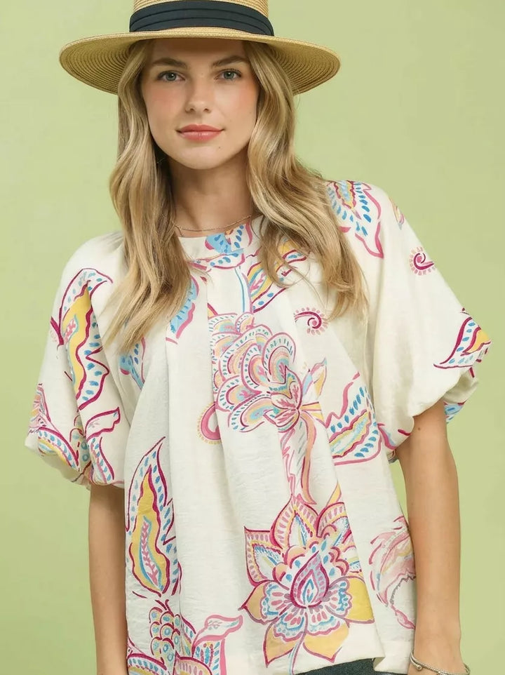 OFF WHITE Boxy paisley print puff sleeve top with side slits