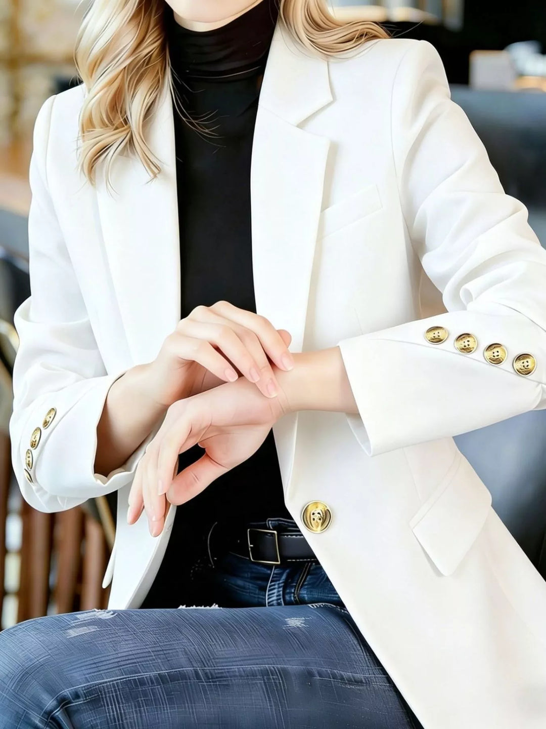 One-button notched lapel blazer with gold buttons