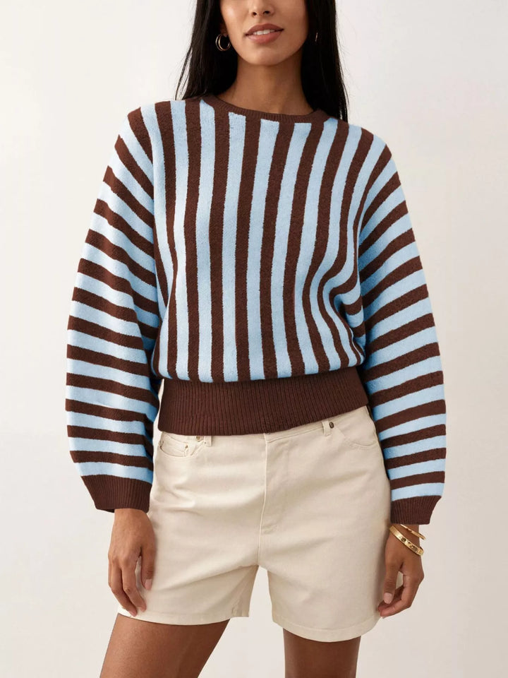 Light Blue Vertical stripe crew neck sweater with ribbed hem