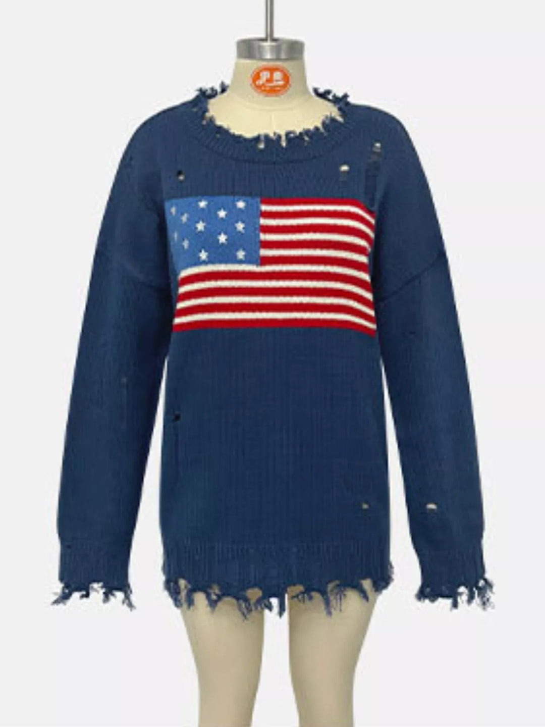 Distressed American flag knit sweater with raw frayed hem