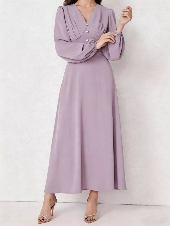 V-neck balloon sleeve maxi dress with button bodice