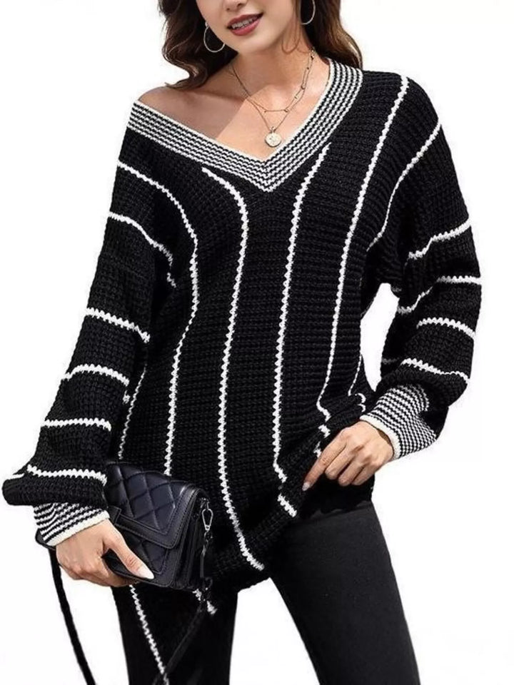 Black Waffle knit V-neck sweater with contrast stripe trim