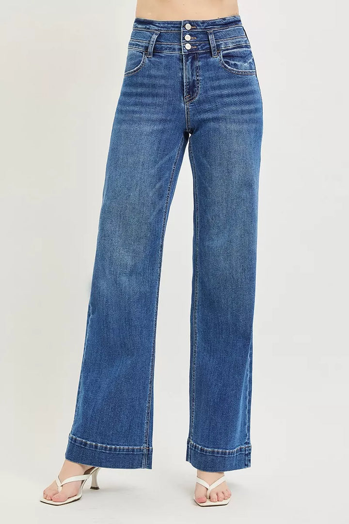 Dark High-rise wide-leg jeans with stacked button front