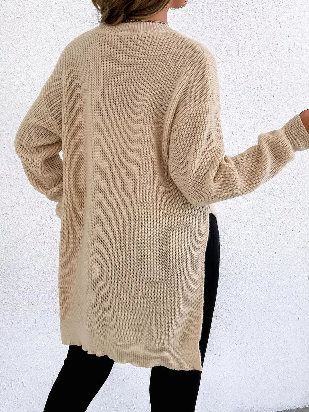 Side-slit ribbed knit tunic sweater with drop shoulders