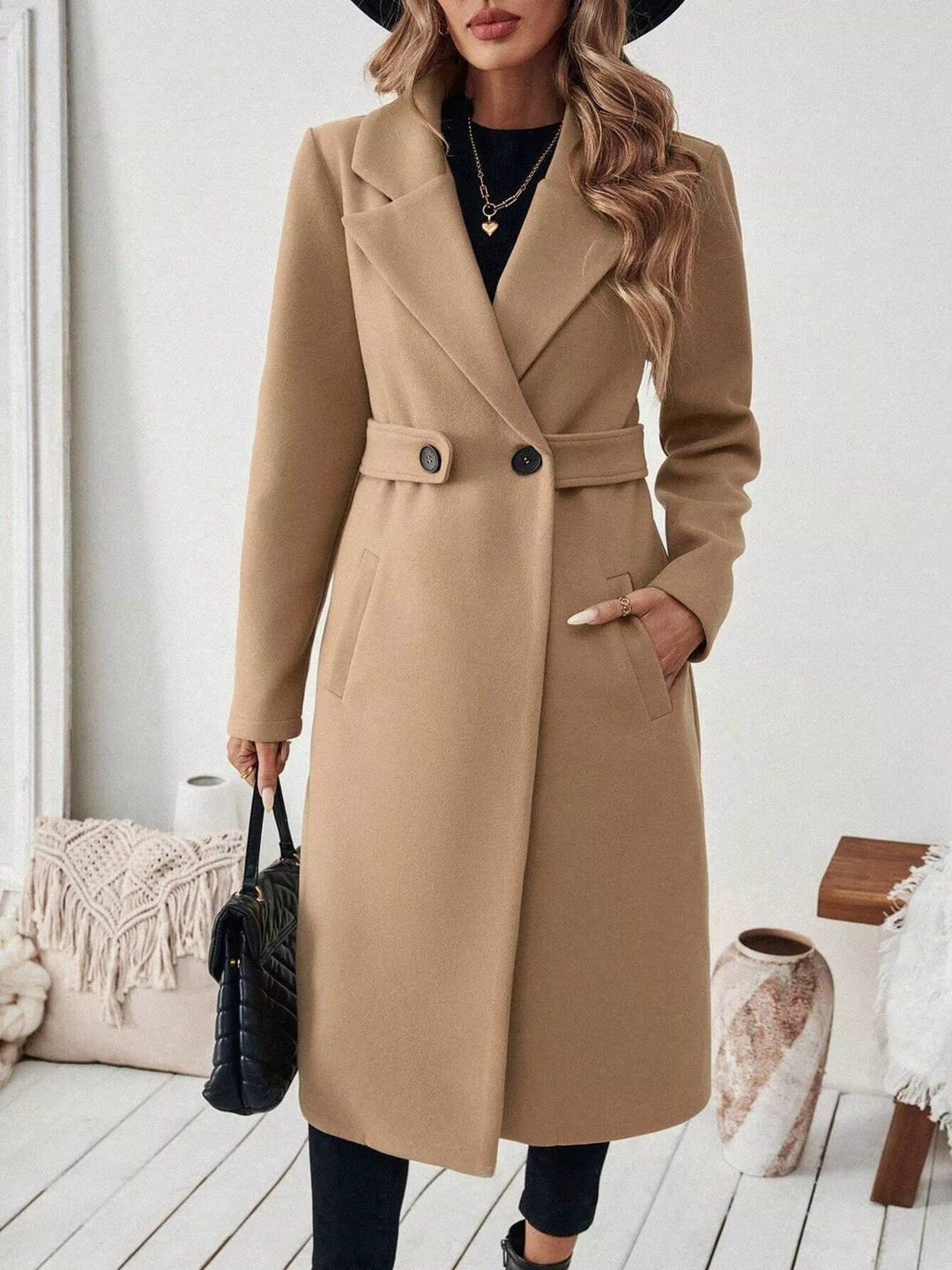 Notch lapel open-front longline coat with side pockets