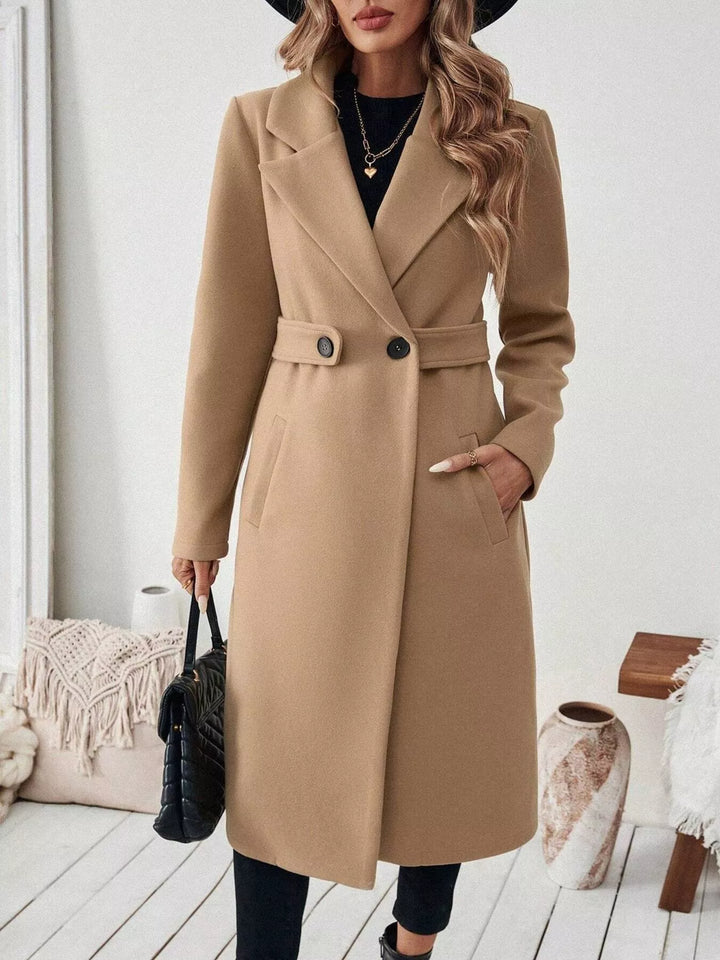 Notch lapel open-front longline coat with side pockets