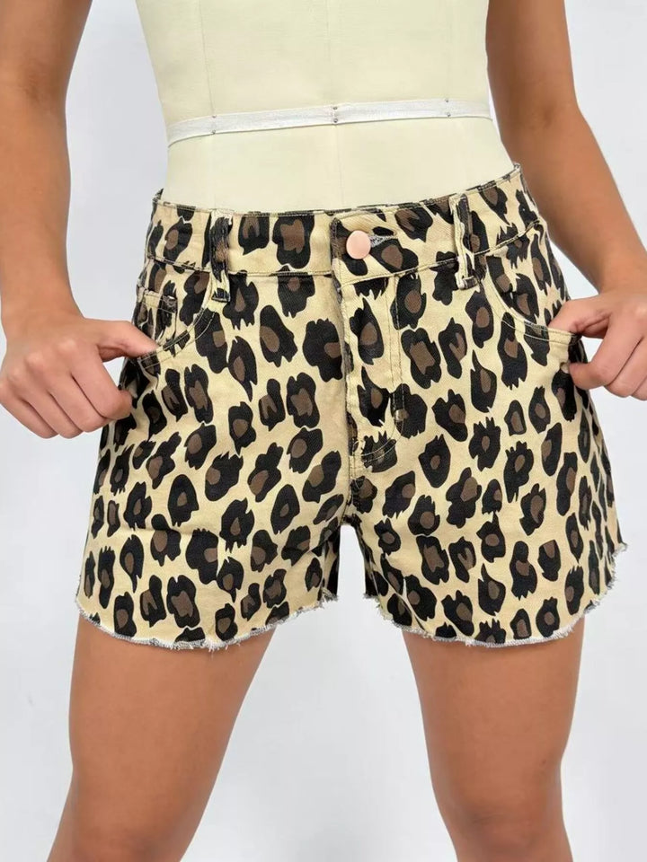 Leopard print high-rise denim shorts with raw hem