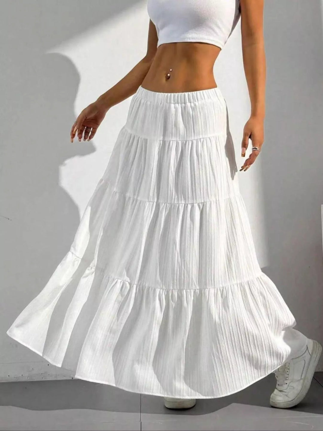 Tiered ruched maxi skirt with elastic waist