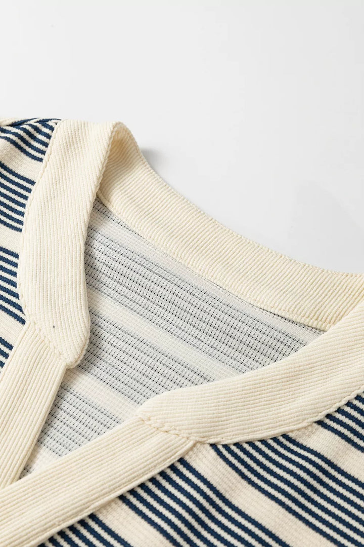 Striped notched neck midi dress with ruffle cap sleeves