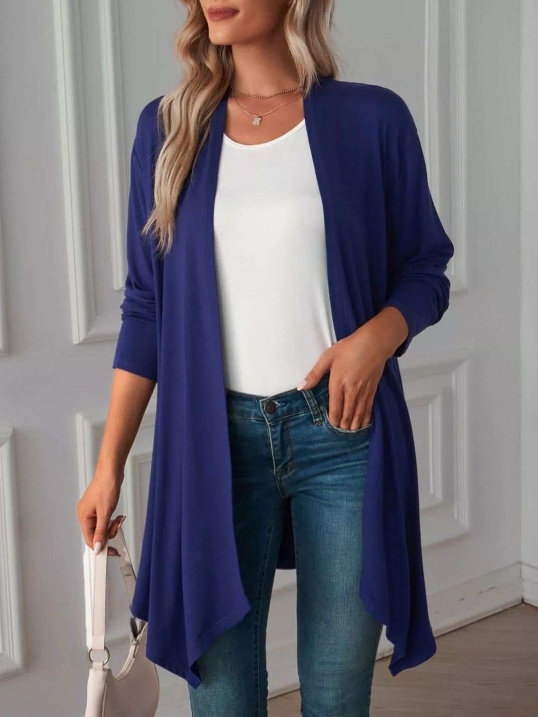 Dark Blue Lightweight open front cardigan with draped waterfall hem