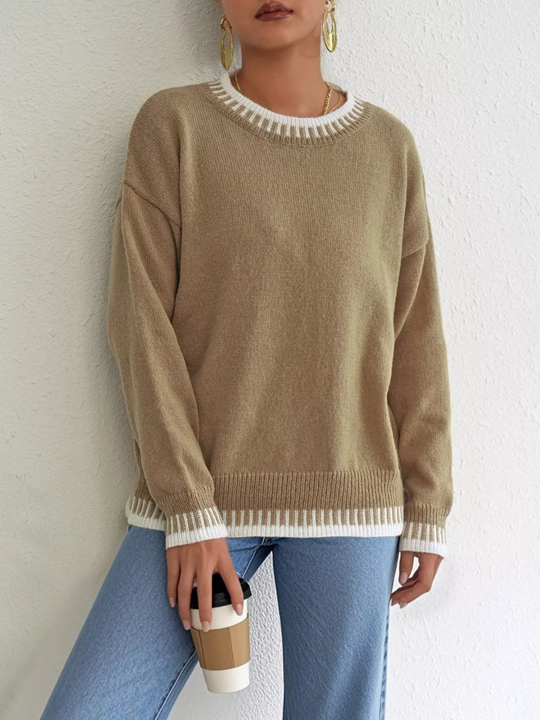 Camel Contrast whipstitch trim drop shoulder crew neck sweater