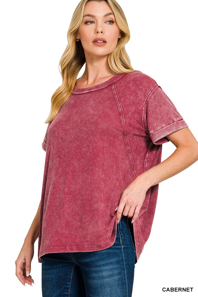 Washed ribbed knit tee with rolled cuffs and raglan sleeves
