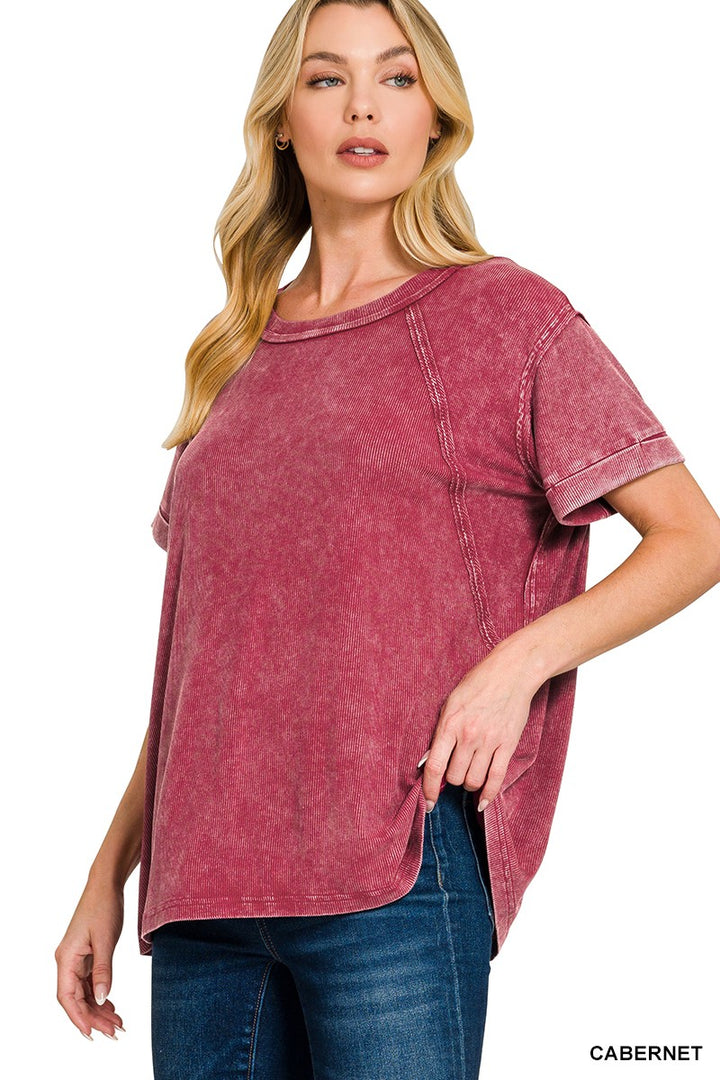 Washed ribbed knit tee with rolled cuffs and raglan sleeves