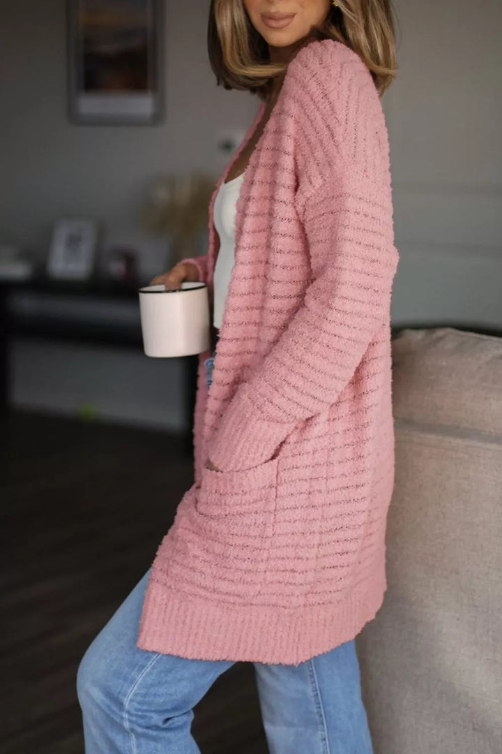 Open front fuzzy ribbed knit cardigan with patch pockets