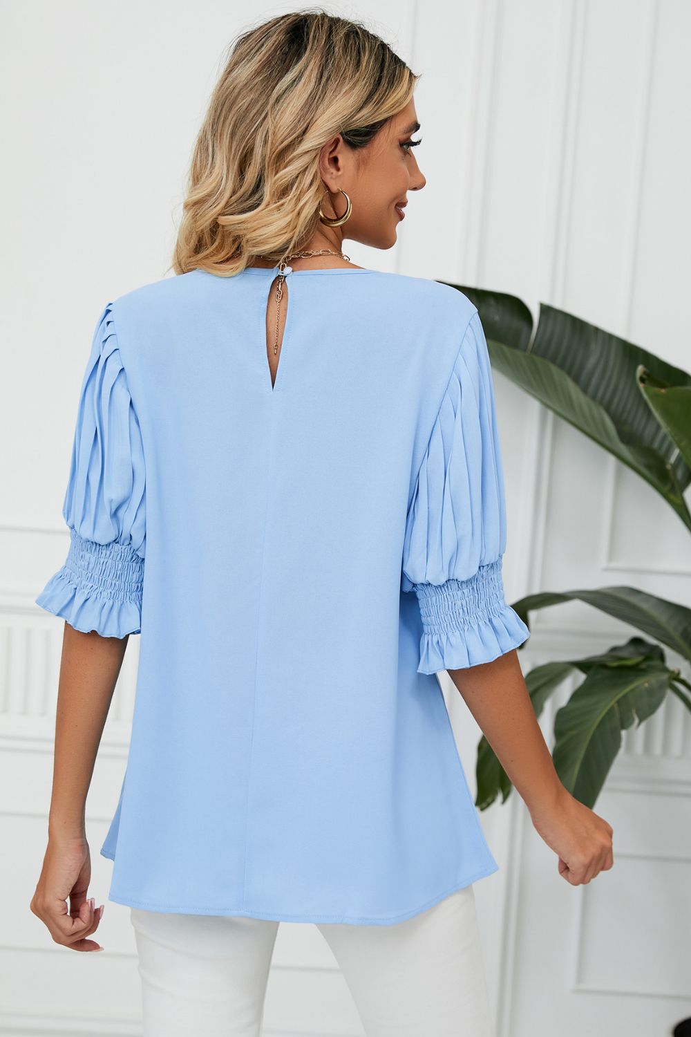 Pleated puff sleeve keyhole blouse with smocked cuffs