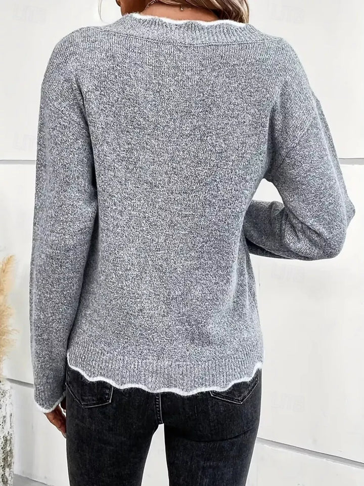 Contrast-trim V-neck knit sweater with ribbed cuffs