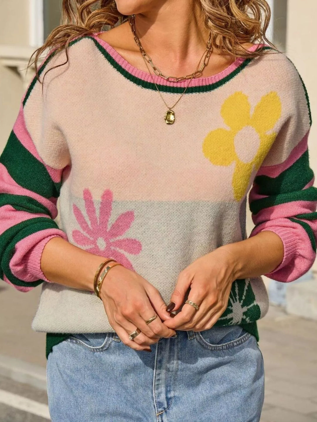 Retro floral knit sweater with striped sleeves
