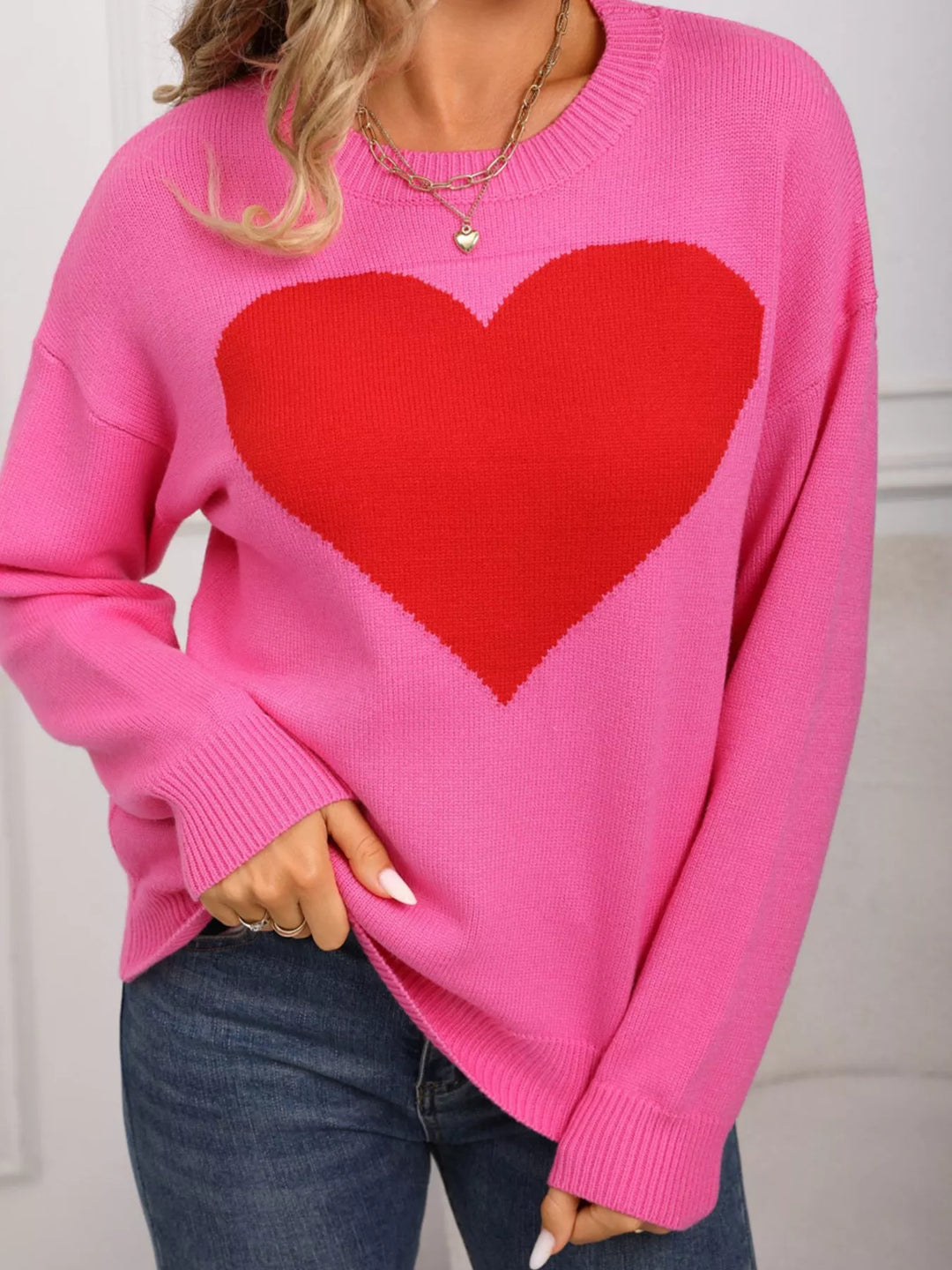 Heart intarsia dropped-shoulder crewneck sweater