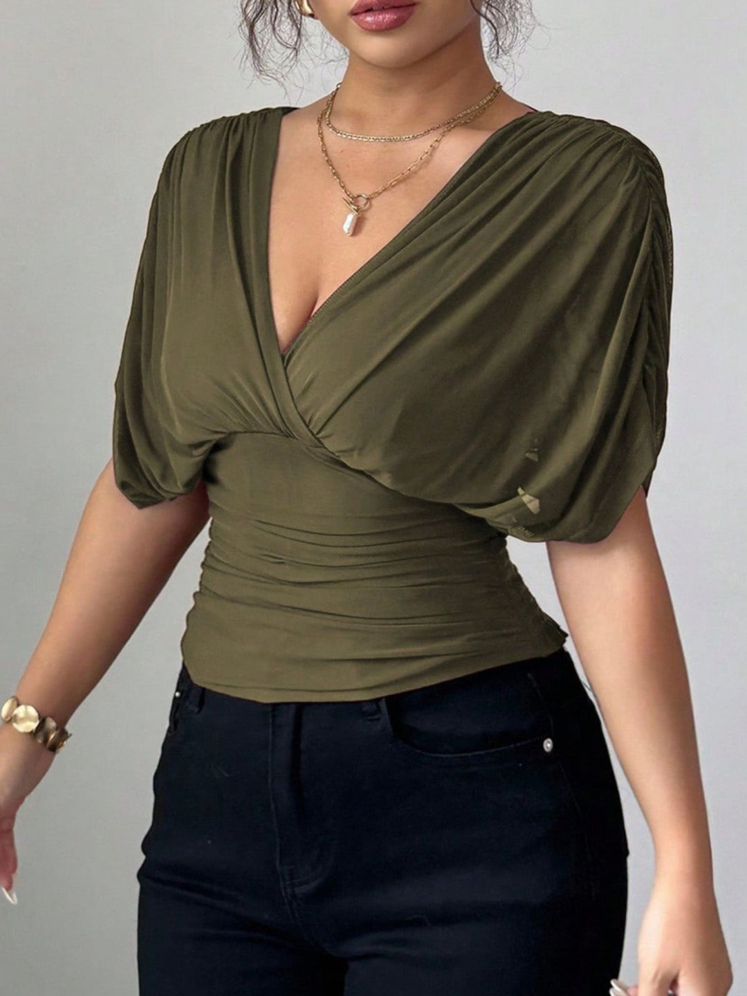 Ruched surplice wrap top with short dolman sleeves
