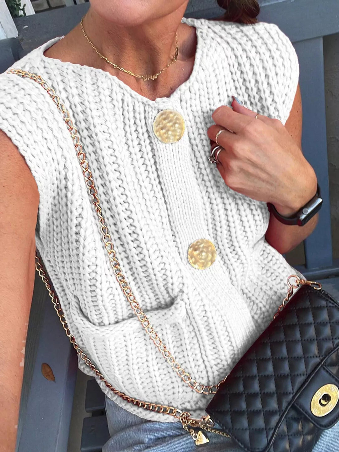 White Chunky cable knit sweater vest with gold buttons