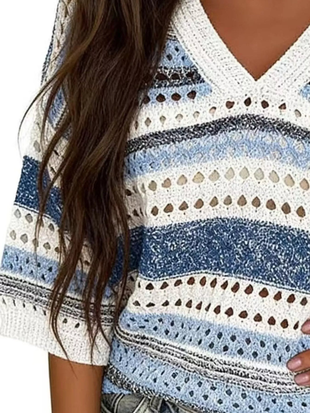 Striped openwork knit V-neck top with drop shoulders