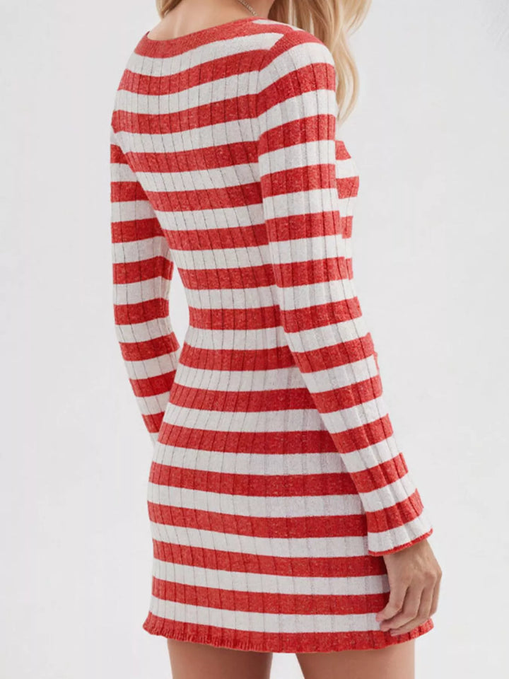 Striped ribbed knit long sleeve mini sweater dress