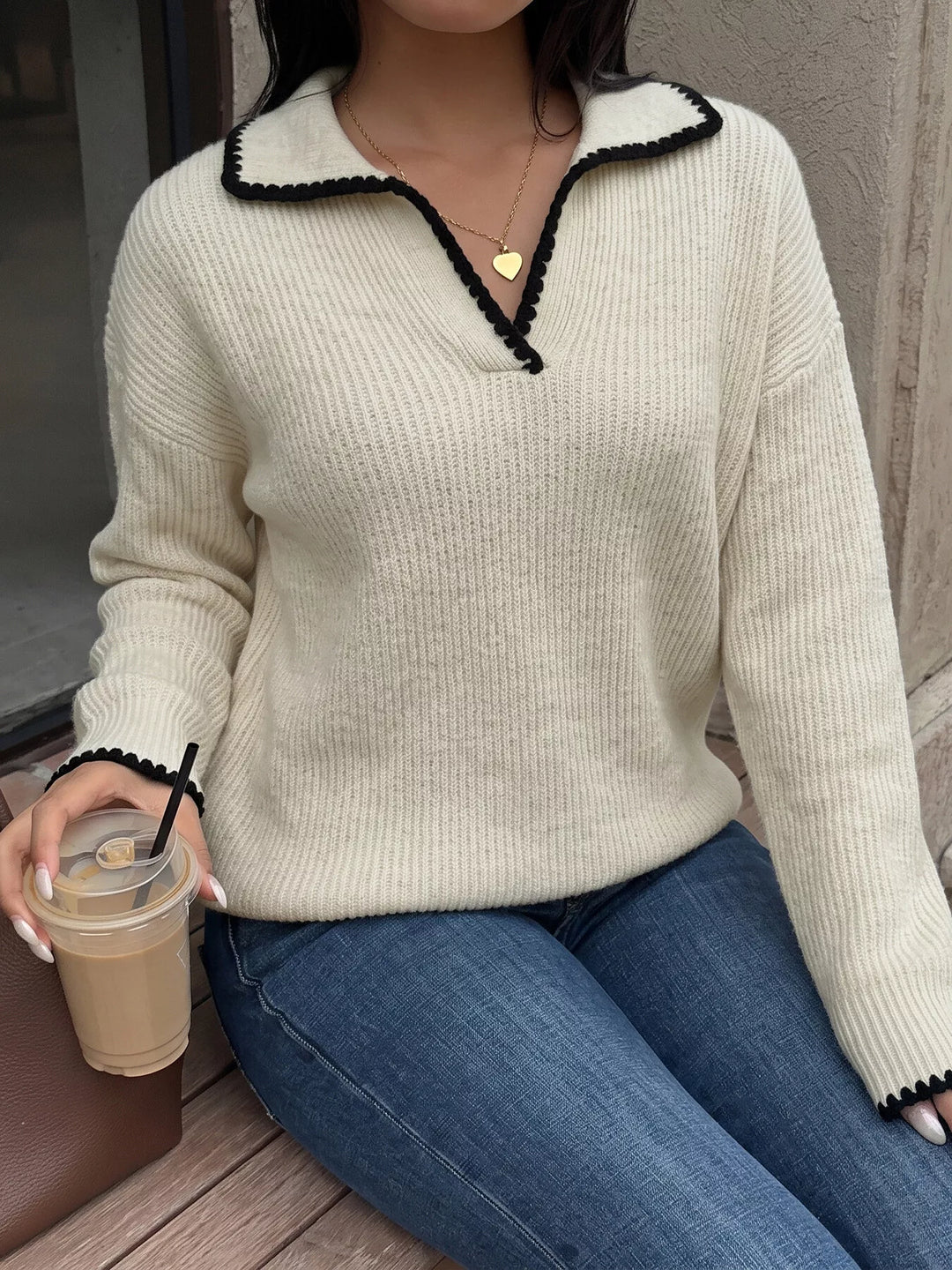 Contrast trim ribbed knit polo sweater with dropped shoulders
