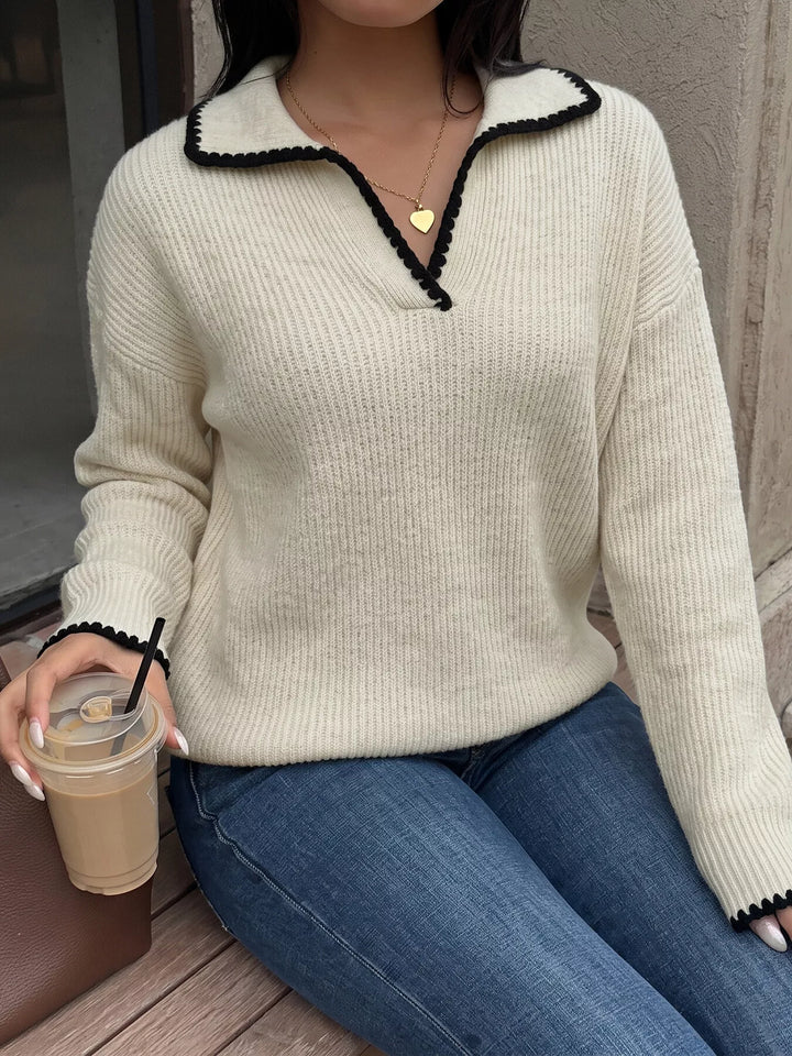 Contrast trim ribbed knit polo sweater with dropped shoulders